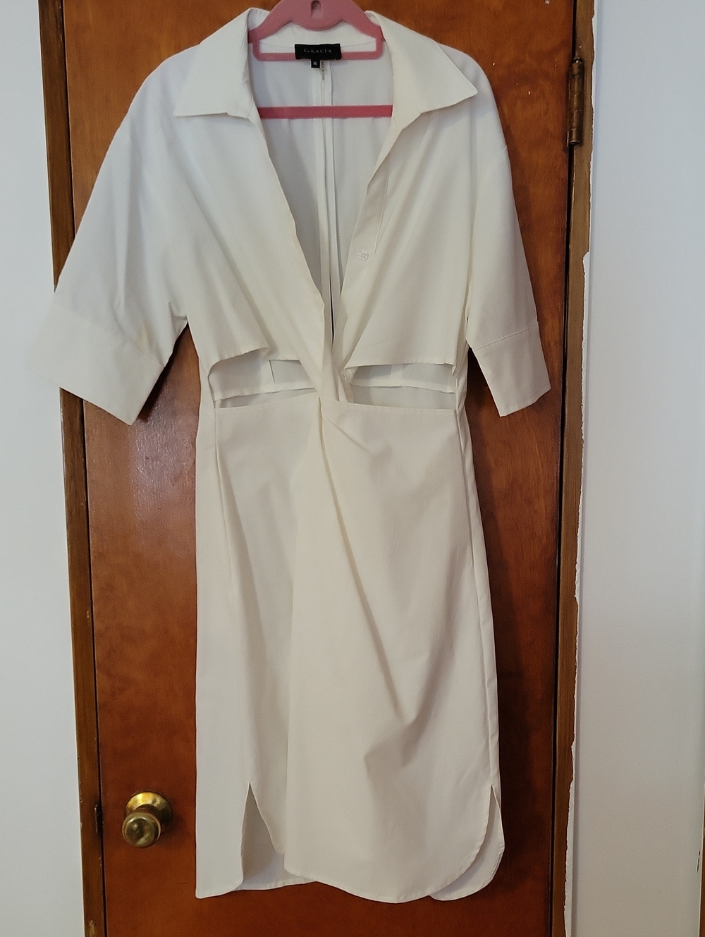 GRACIA Cut-out White Midi Dress with Collared V-Neck Size XL